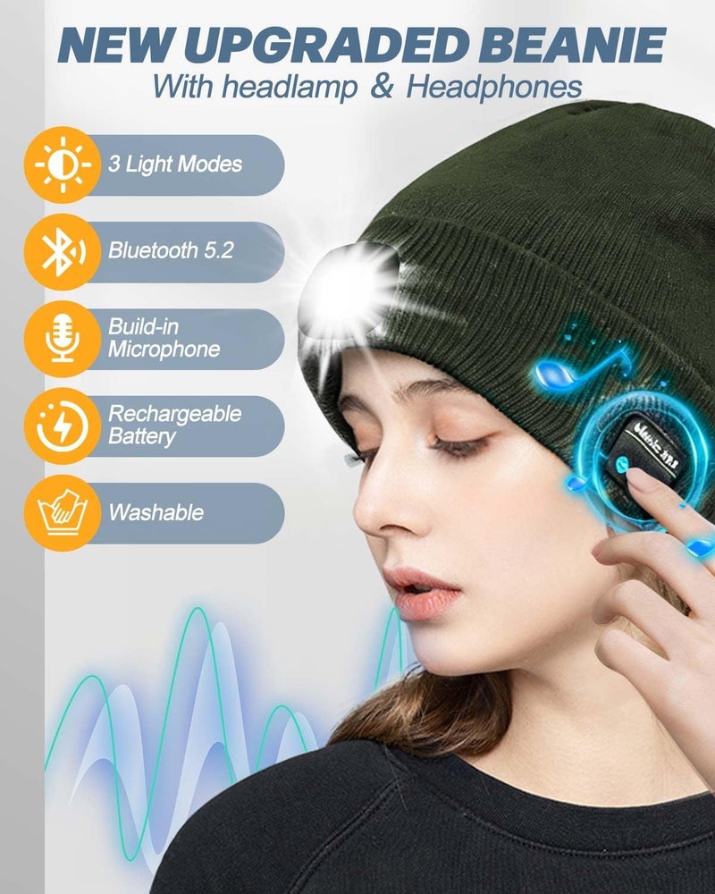 MOXTOYU Bluetooth Beanie with Light, USB Rechargeable LED Headlamp Winter Hat, Christmas Stocking Stuffers Gifts for Men Women - Image 2